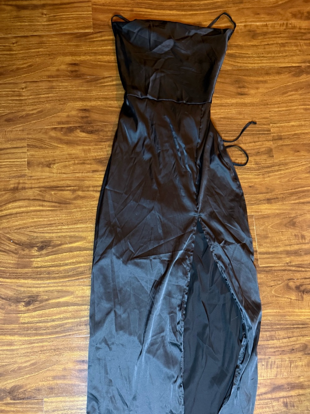 SHEIN Belle Wrap Cami Black Satin Slip Dress with Side Slit